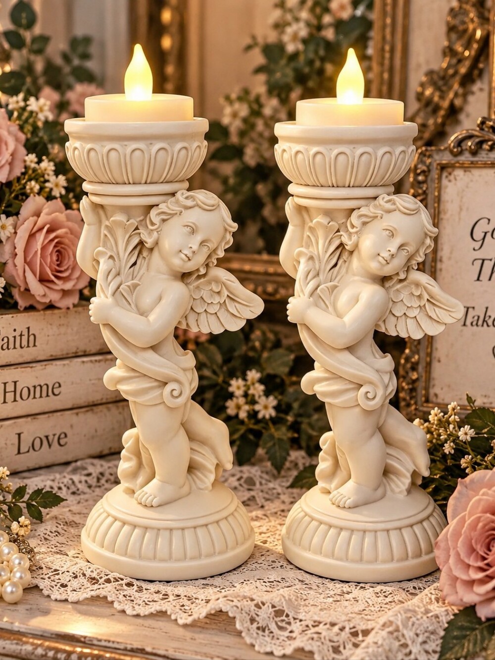 Pair Ivory Cherub Angel Candle Holders Romantic Vintage Style Victorian Decor